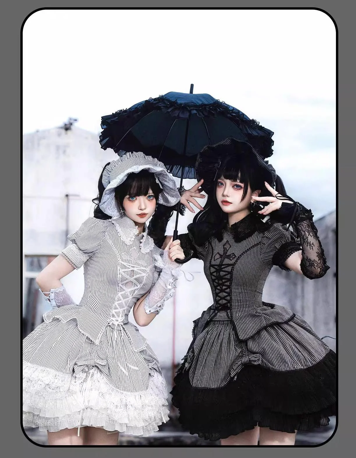 Striped Cross - Gothic Coordinated Lolita Set, Adjustable Blouse & Skirt - Image 2