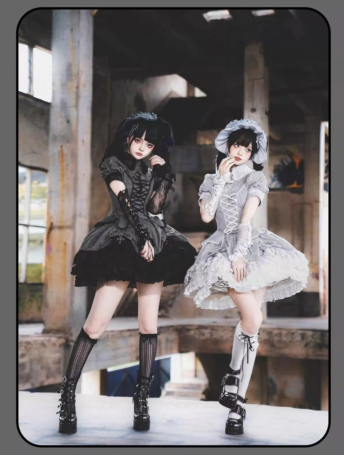 Striped Cross - Gothic Coordinated Lolita Set, Adjustable Blouse & Skirt - Image 3