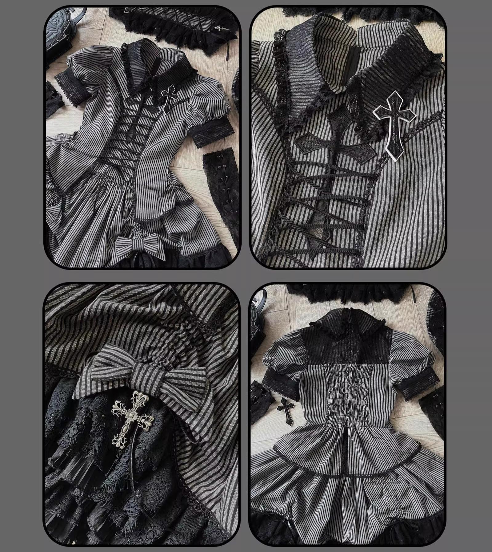 Striped Cross - Gothic Coordinated Lolita Set, Adjustable Blouse & Skirt - Image 30
