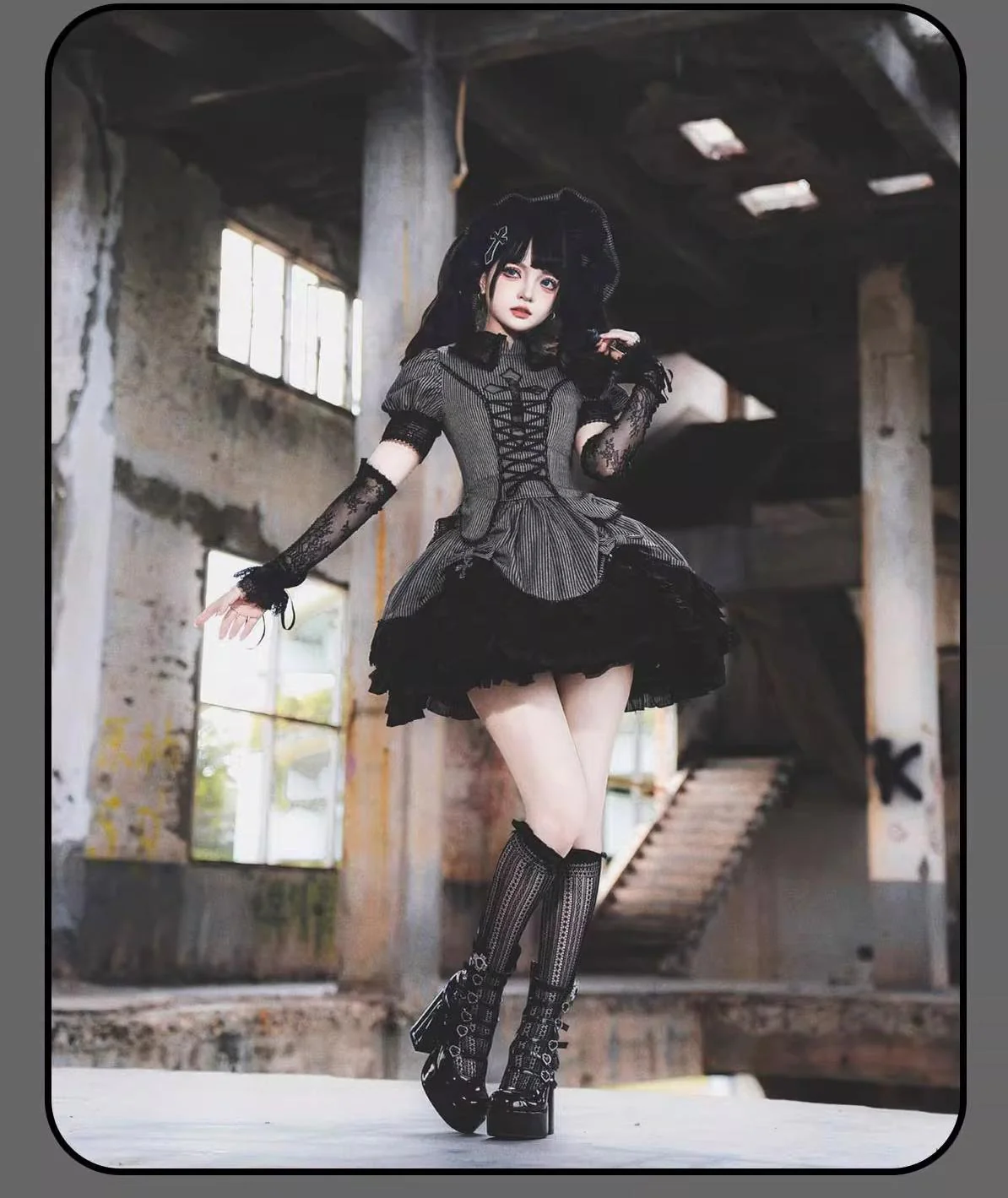 Striped Cross - Gothic Coordinated Lolita Set, Adjustable Blouse & Skirt - Image 4