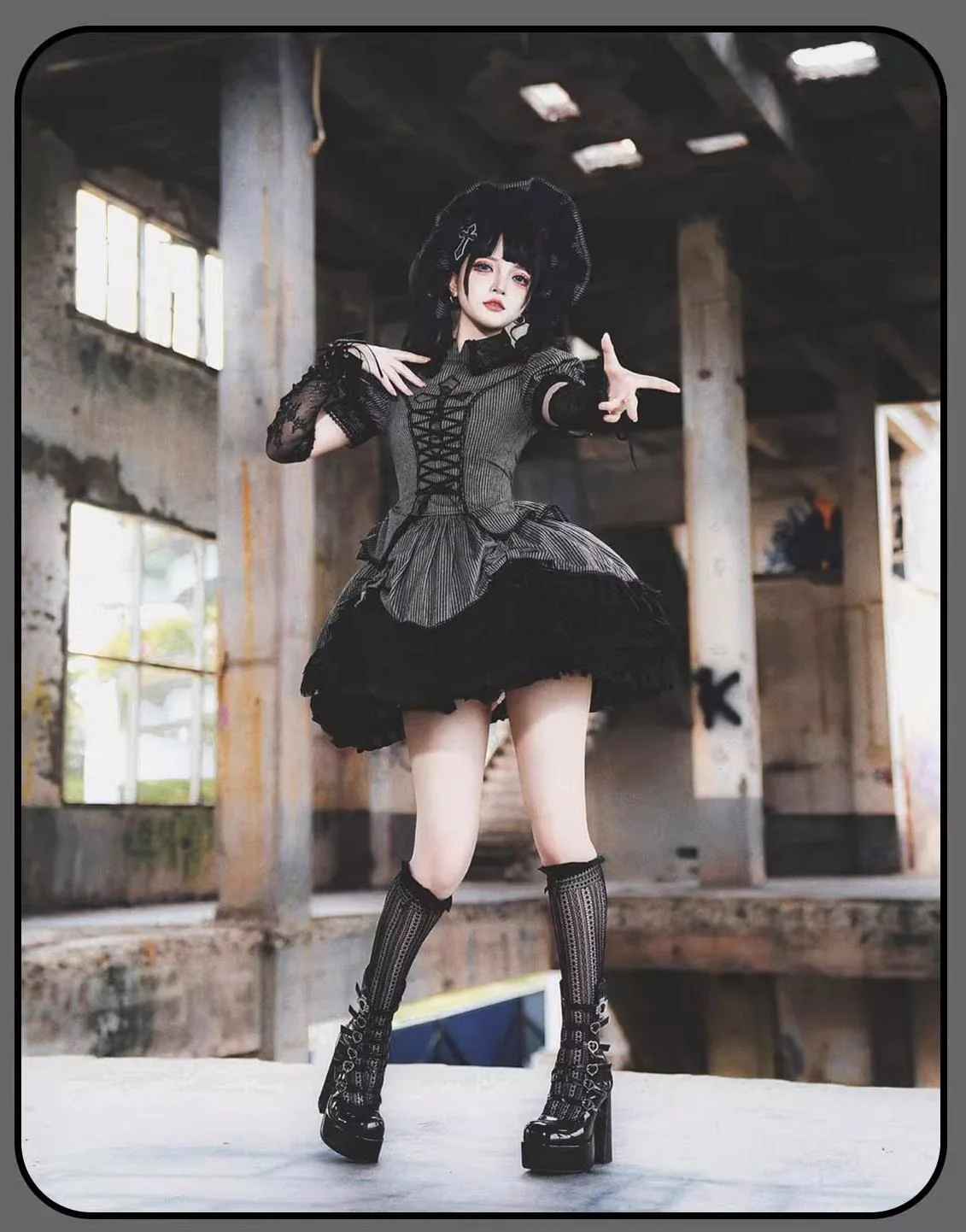 Striped Cross - Gothic Coordinated Lolita Set, Adjustable Blouse & Skirt - Image 43