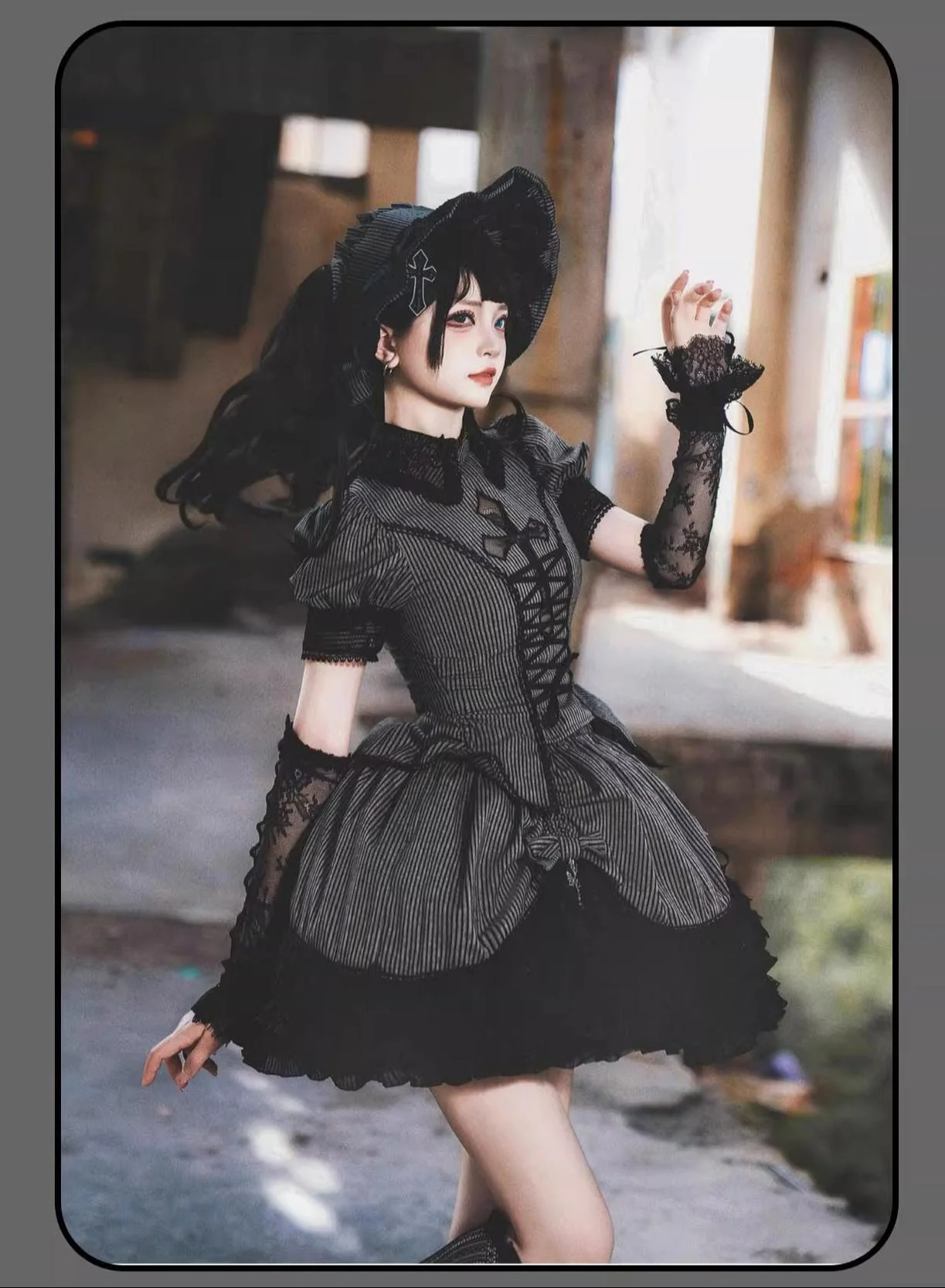 Striped Cross - Gothic Coordinated Lolita Set, Adjustable Blouse & Skirt - Image 44