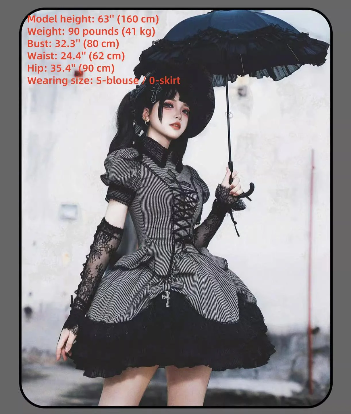 Striped Cross - Gothic Coordinated Lolita Set, Adjustable Blouse & Skirt - Image 45