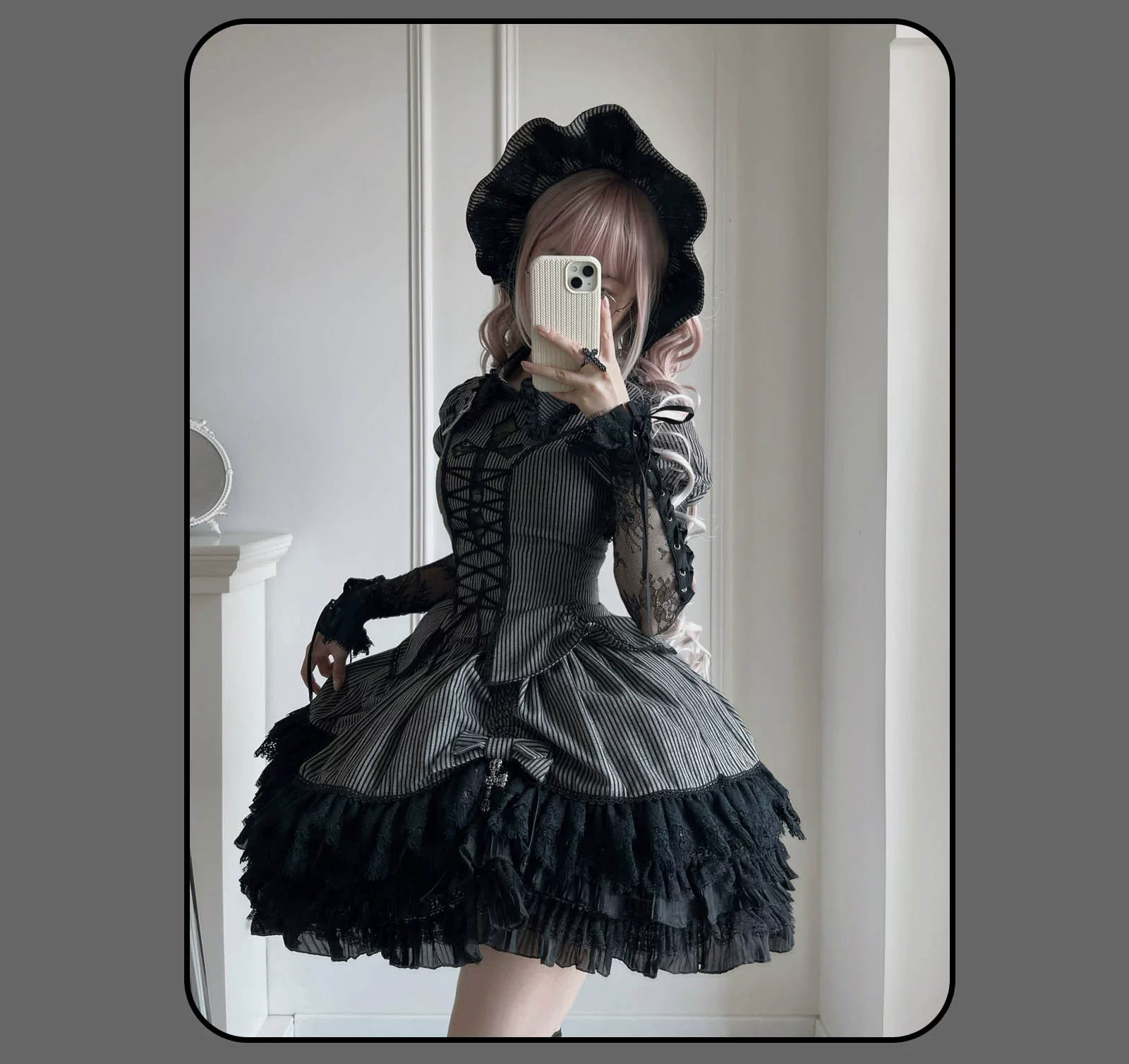 Striped Cross - Gothic Coordinated Lolita Set, Adjustable Blouse & Skirt - Image 49