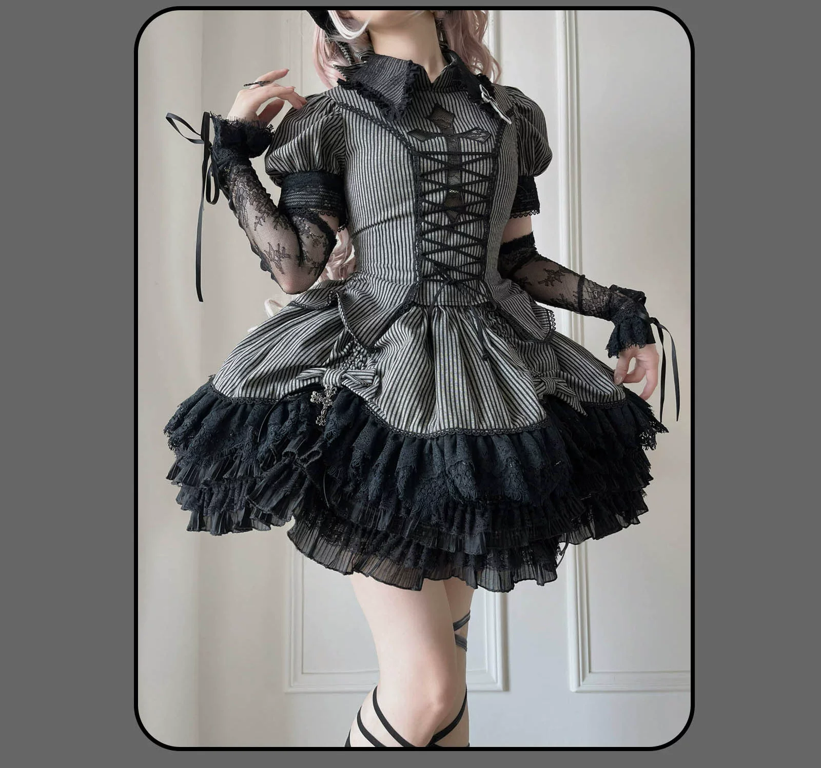 Striped Cross - Gothic Coordinated Lolita Set, Adjustable Blouse & Skirt - Image 50