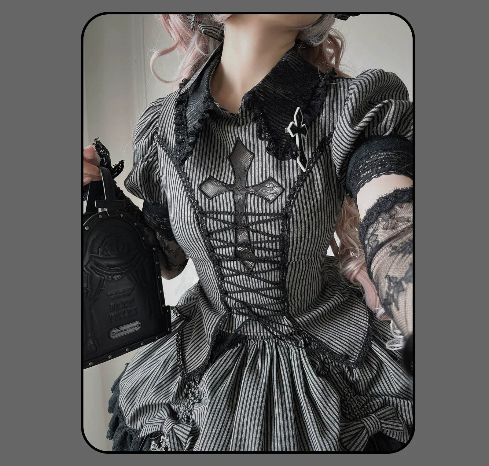 Striped Cross - Gothic Coordinated Lolita Set, Adjustable Blouse & Skirt - Image 52