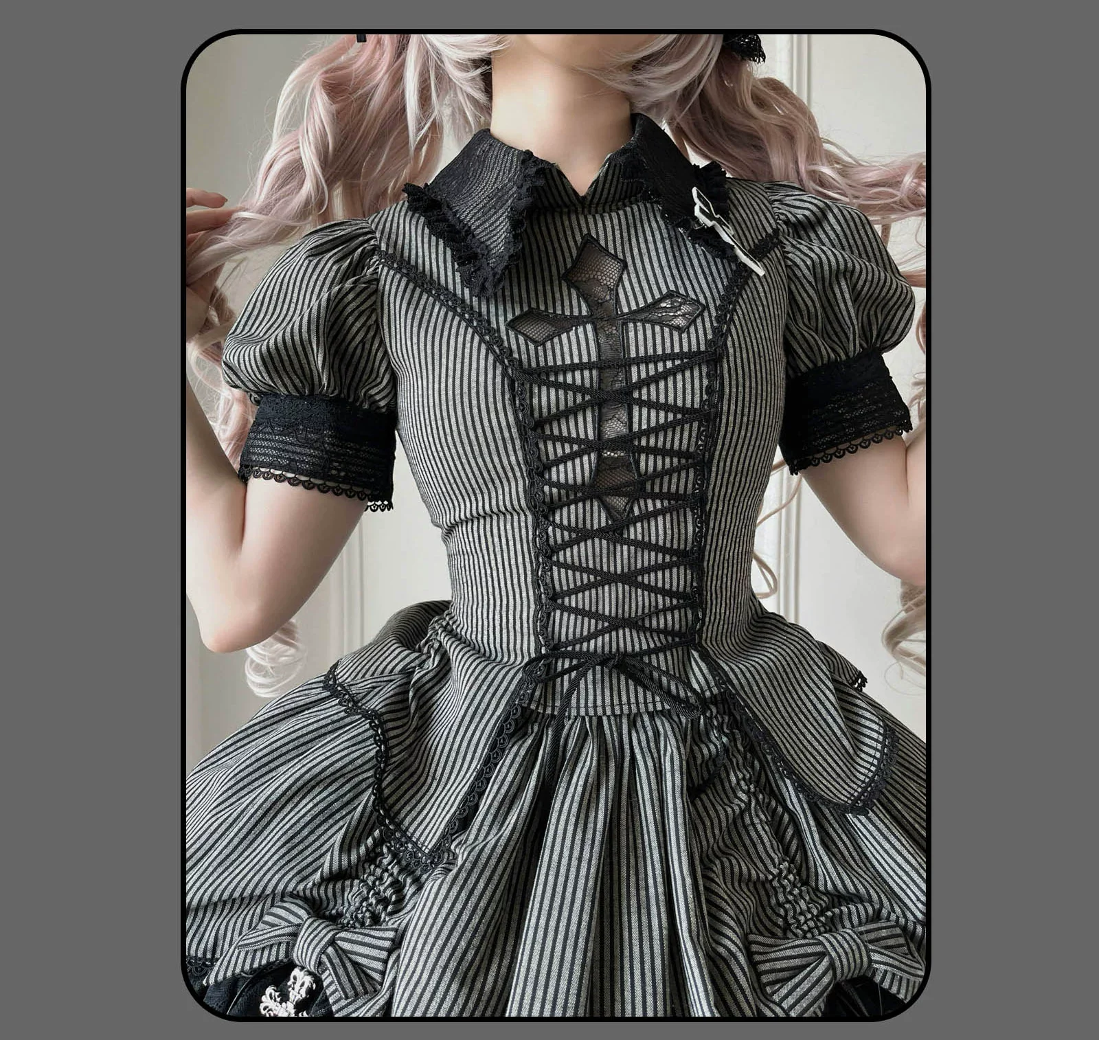 Striped Cross - Gothic Coordinated Lolita Set, Adjustable Blouse & Skirt - Image 53