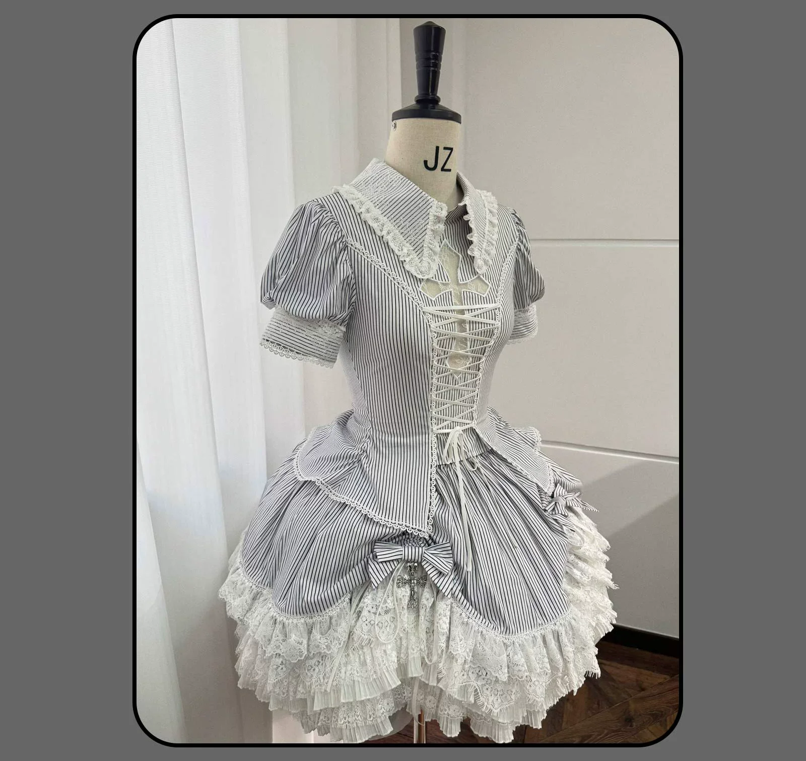 Striped Cross - Gothic Coordinated Lolita Set, Adjustable Blouse & Skirt - Image 55