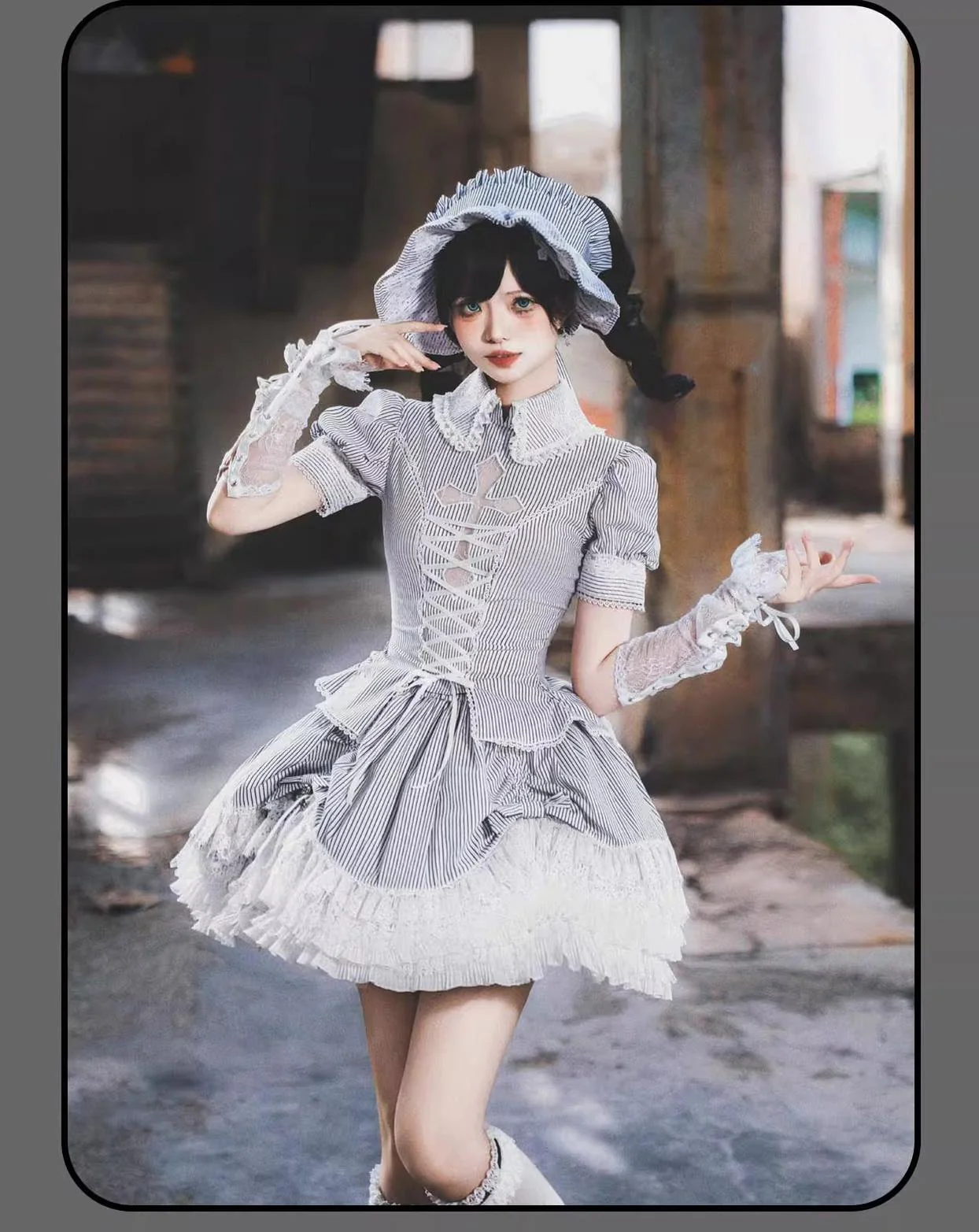 Striped Cross - Gothic Coordinated Lolita Set, Adjustable Blouse & Skirt - Image 9