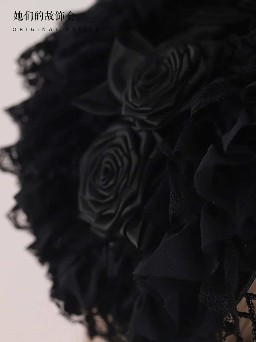 The Accessories' Story - Gothic Lolita Black Hat, Rose & Bead Tassels - Image 9