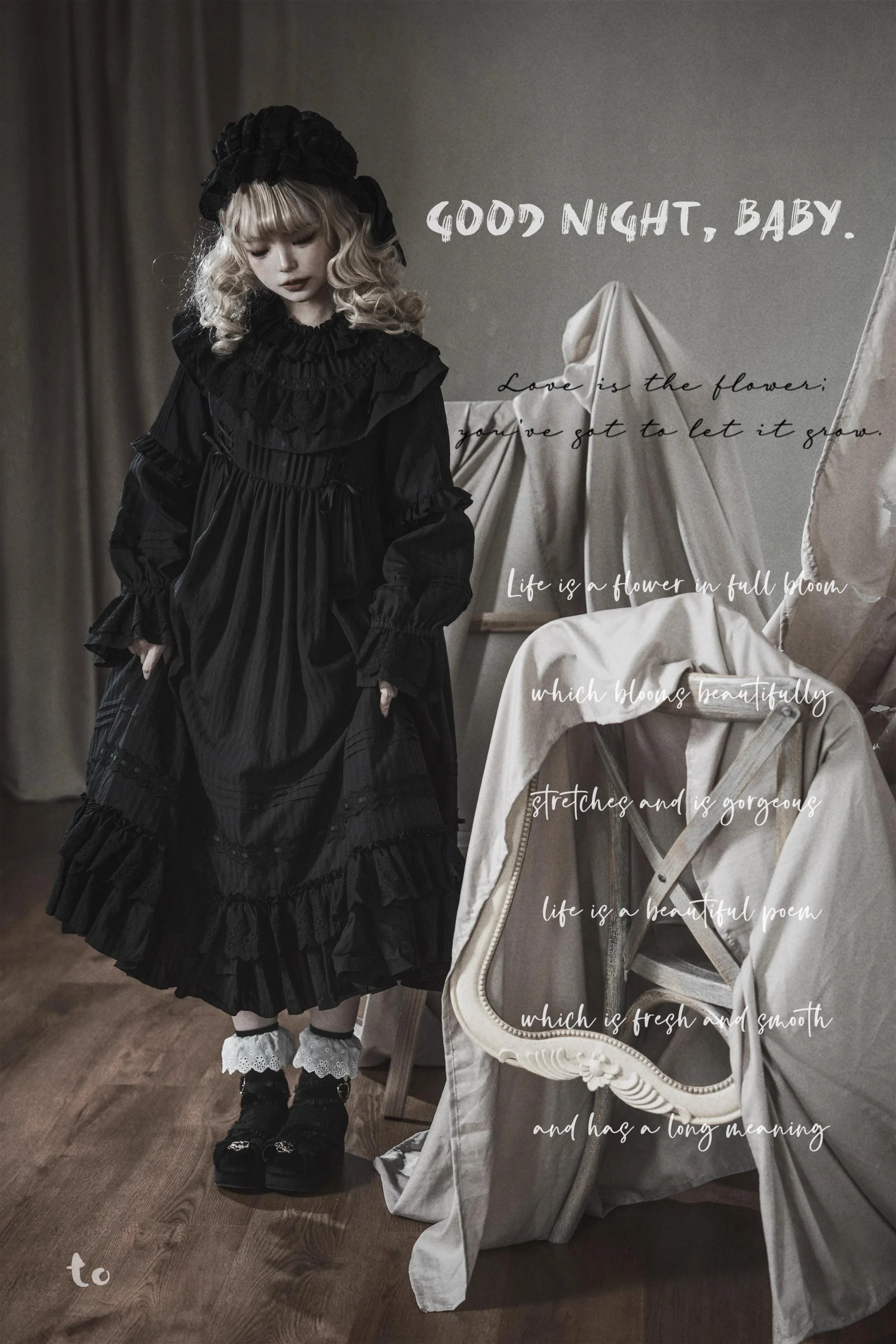 Sanshanjiu - Goodnight Black - Gothic Lolita Black OP with Round Cape Collar - Image 3