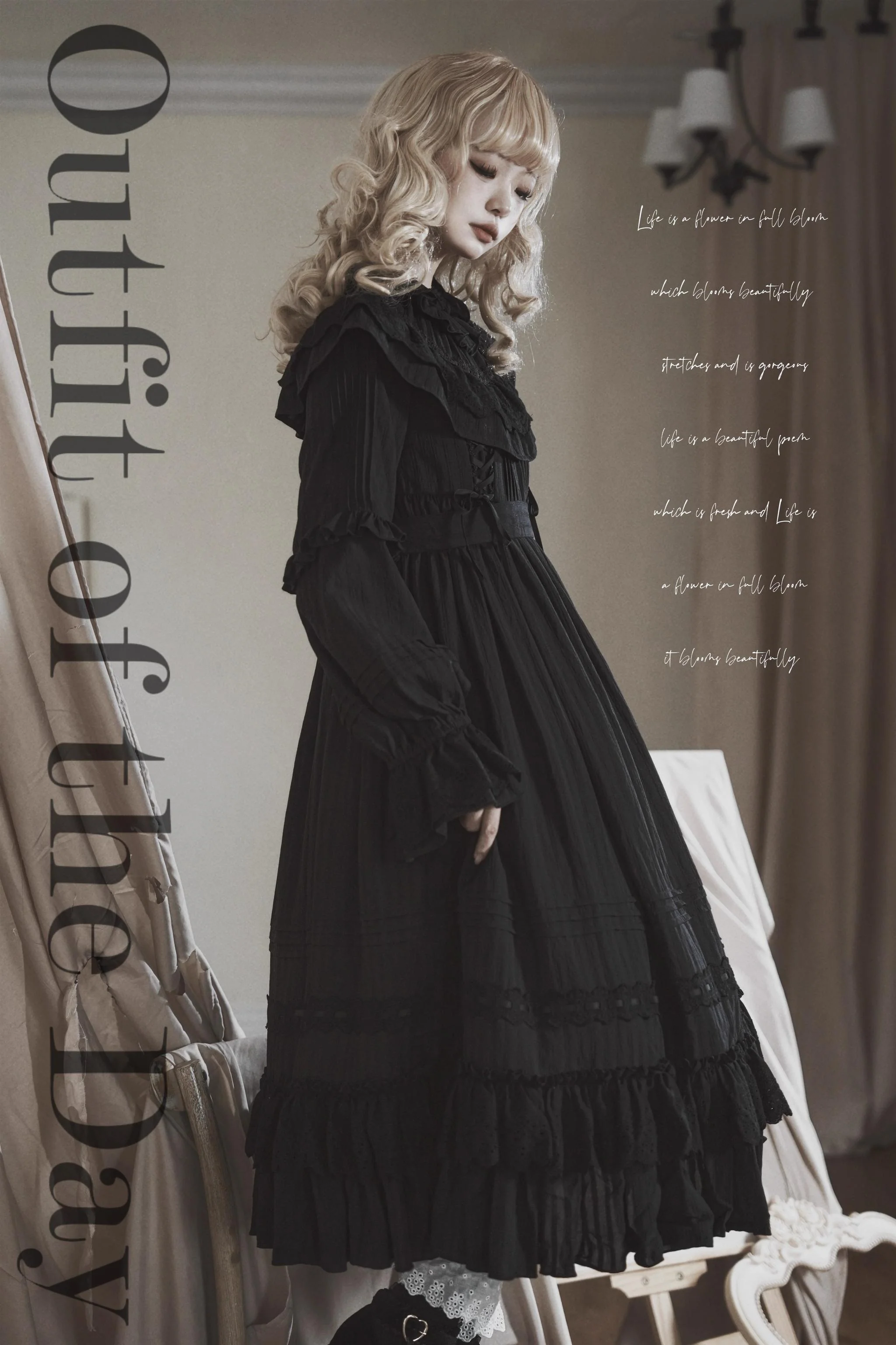 Sanshanjiu - Goodnight Black - Gothic Lolita Black OP with Round Cape Collar - Image 4
