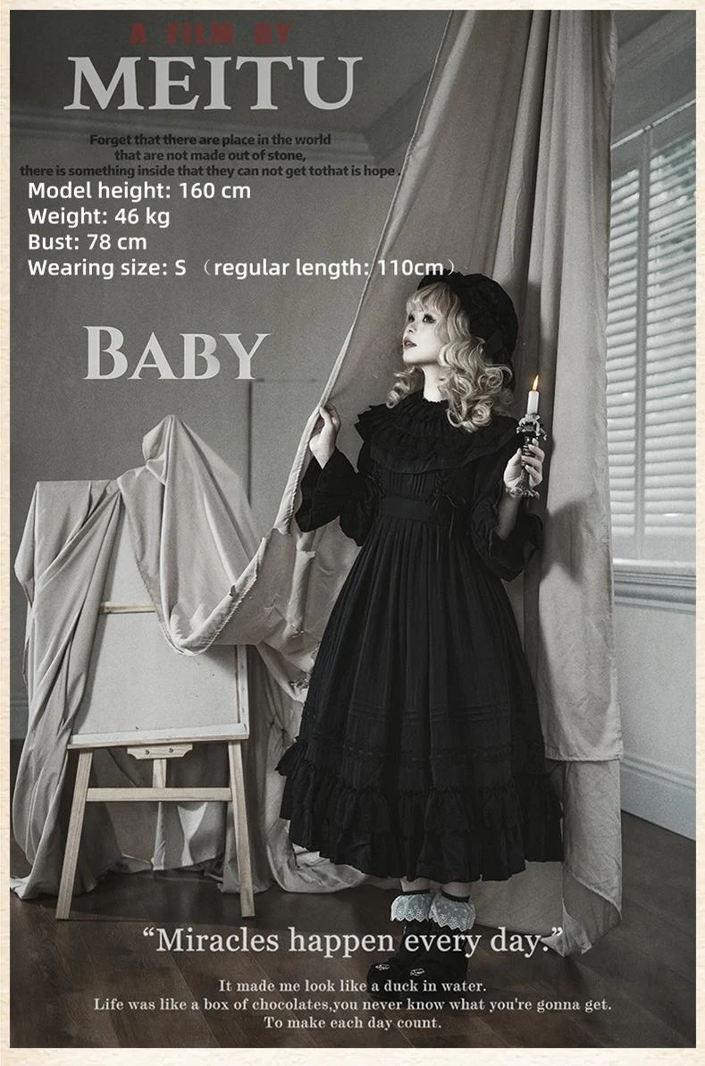 Sanshanjiu - Goodnight Black - Gothic Lolita Black OP with Round Cape Collar - Image 5