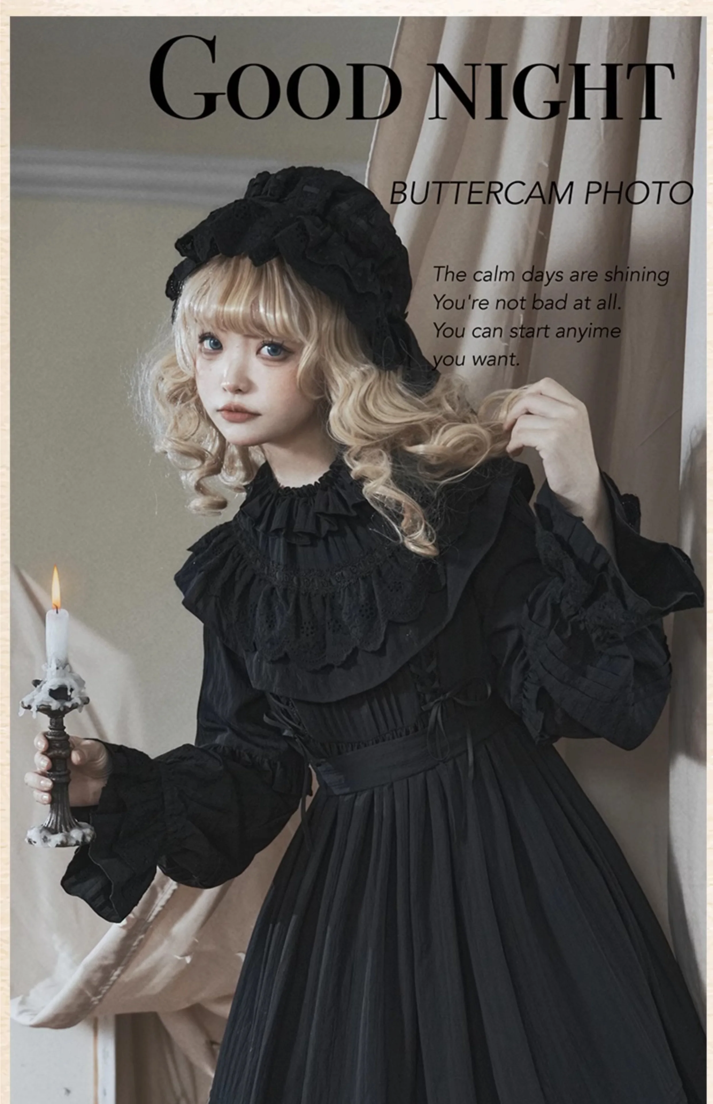 Sanshanjiu - Goodnight Black - Gothic Lolita Black OP with Round Cape Collar - Image 6