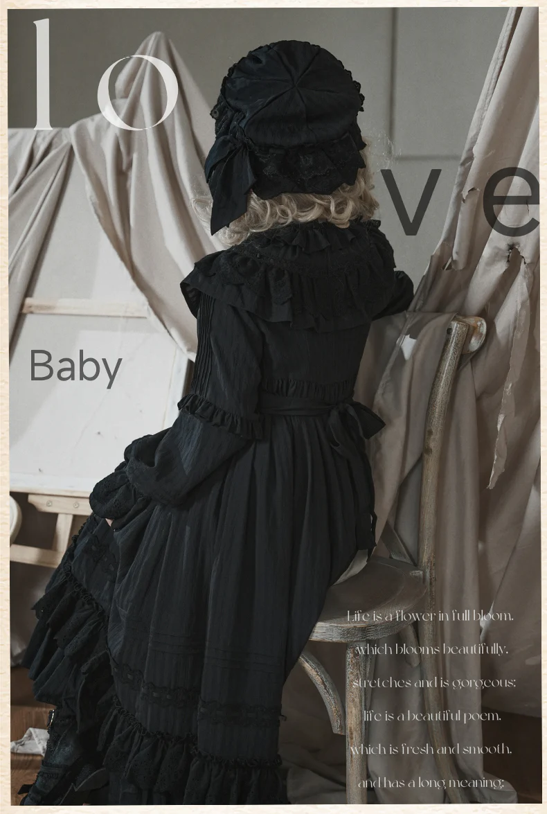 Sanshanjiu - Goodnight Black - Gothic Lolita Black OP with Round Cape Collar - Image 7