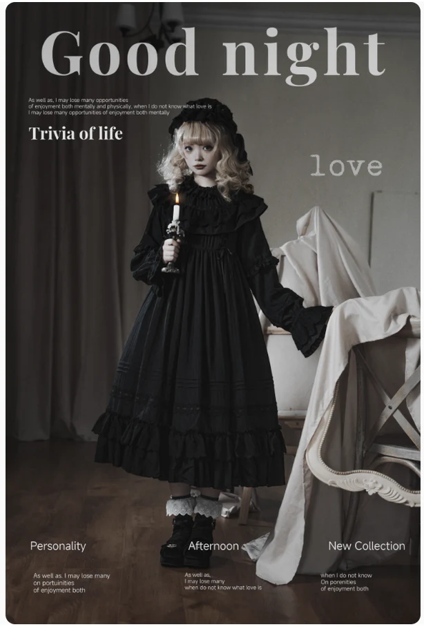 Sanshanjiu - Goodnight Black - Gothic Lolita Black OP with Round Cape Collar - Image 8