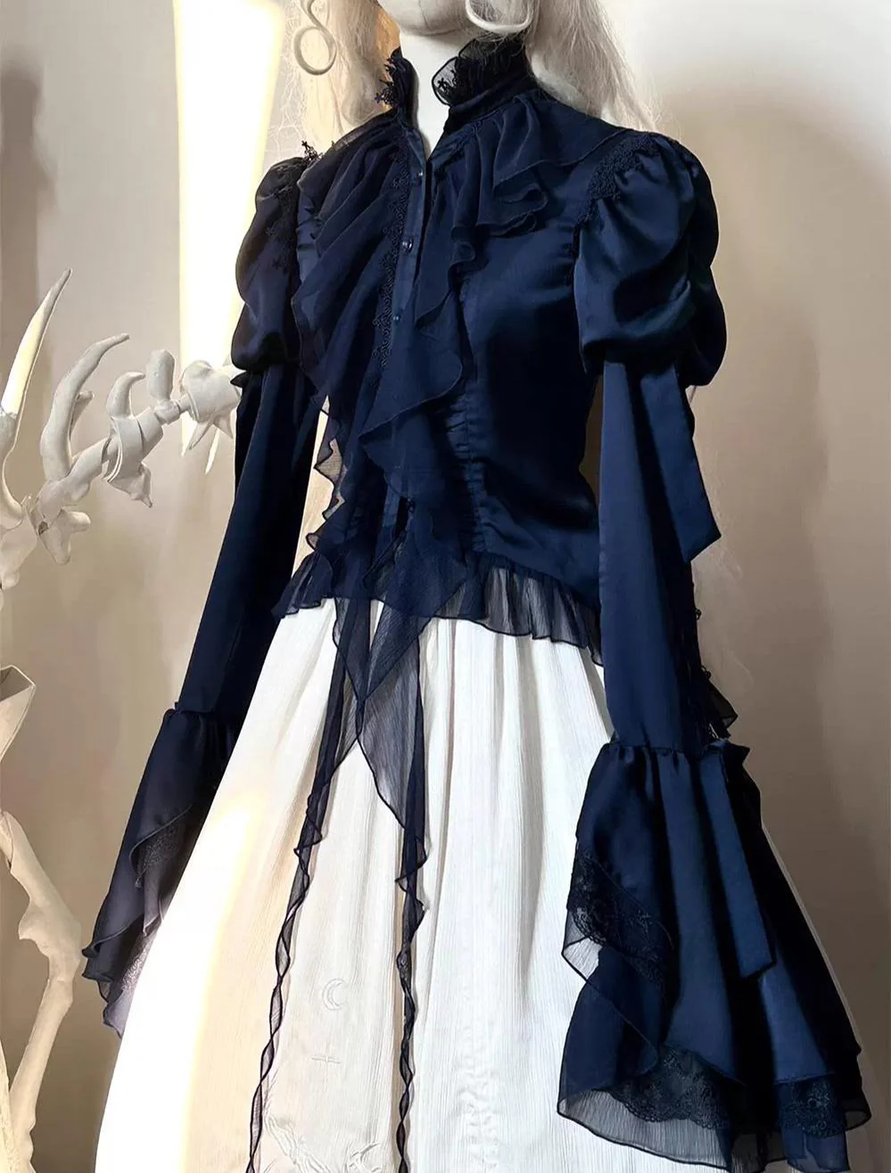 Dragon Bone - Gothic Lolita Blouse, Irregular Swallowtail Flounce Hem - Image 3