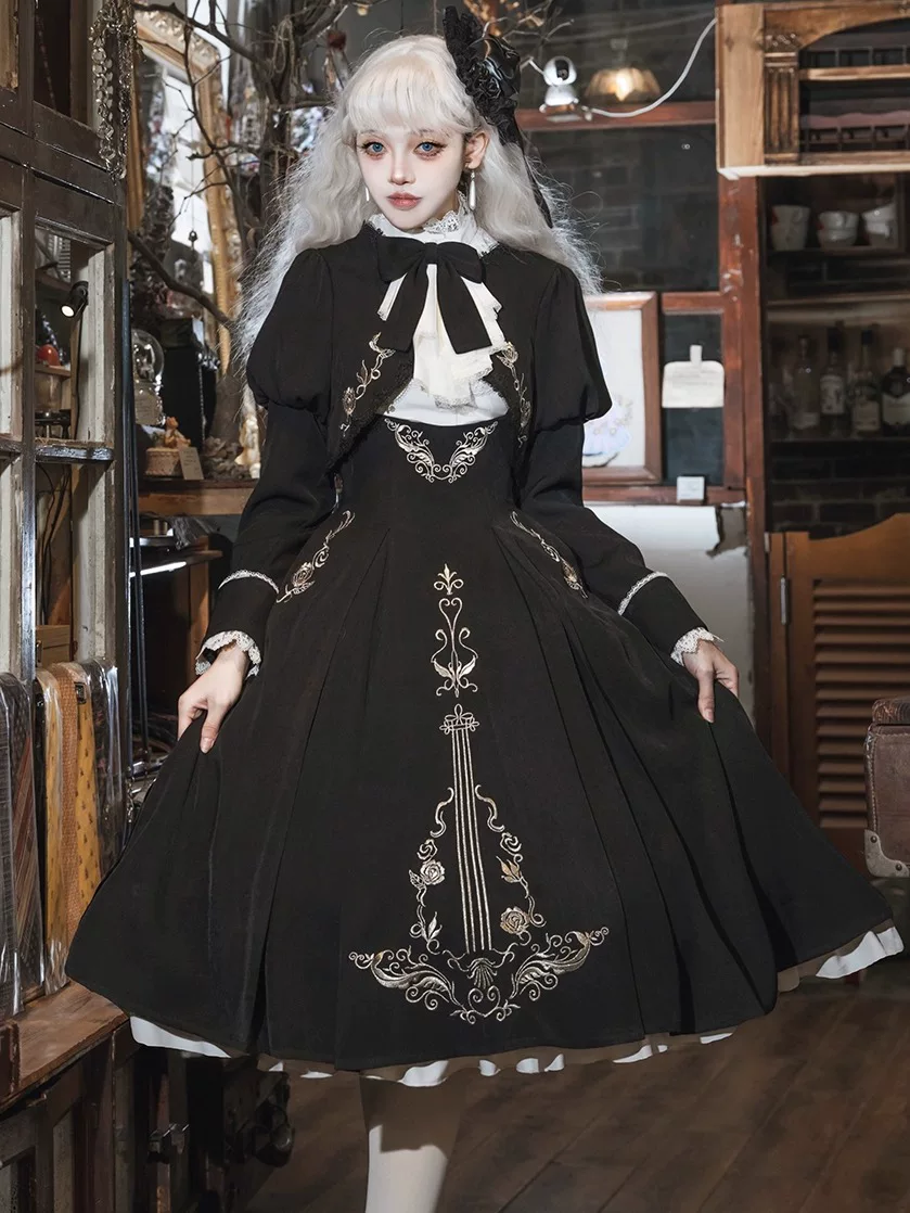 Violin Variations - Gothic Lolita Bust-supporting Dress Set, Violin Embroidery