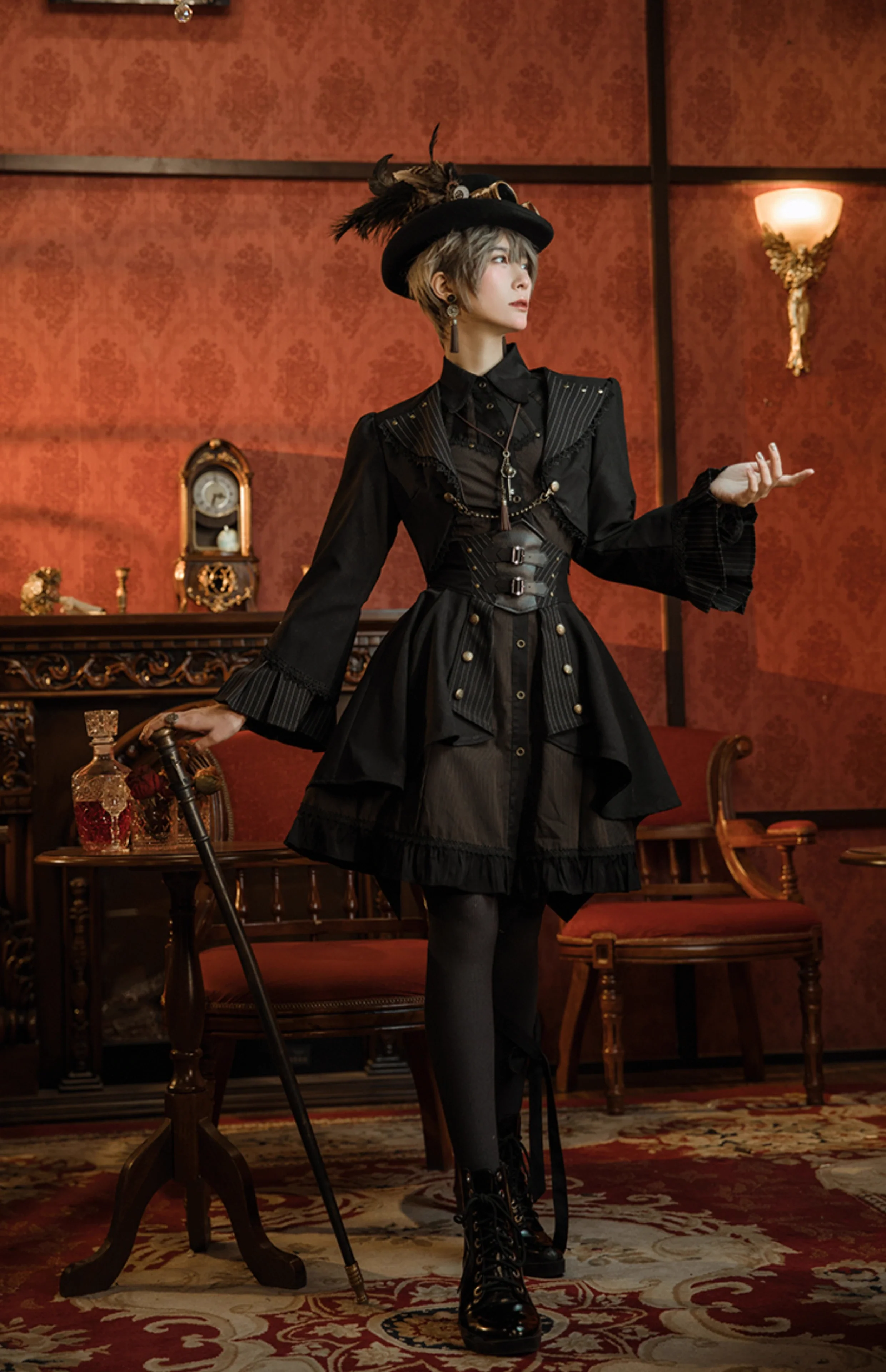 Mr. Yi's Steam Continent - Gothic Lolita Cardigan Long Sleeve Black Short Jacket - Image 26
