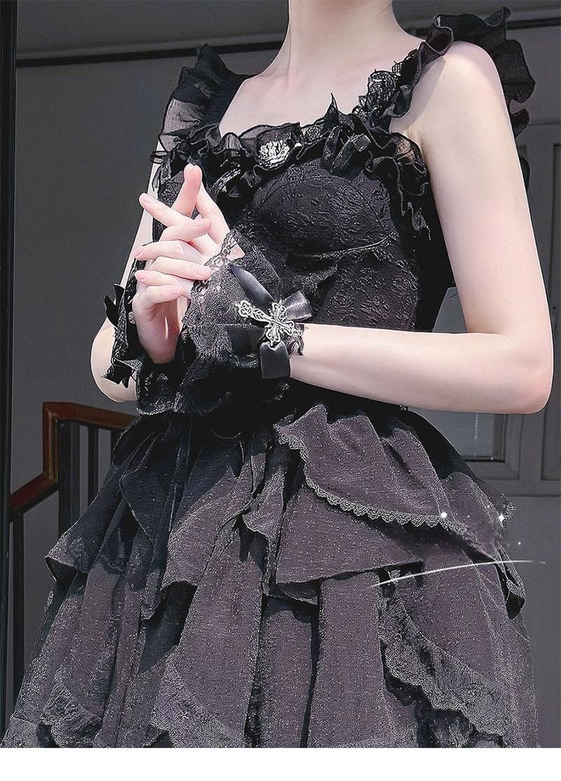 Hua Nai Cat - Gothic Lolita Cuffs with Cross Black and White Hand Sleeve - Image 2