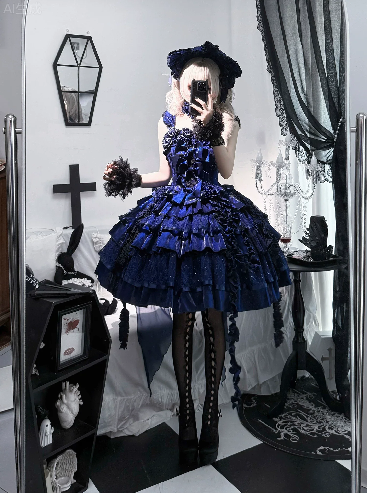 Eternal Night Rose - Gothic Lolita Doll Style JSK Dress, Tiered Ruffles - Image 7