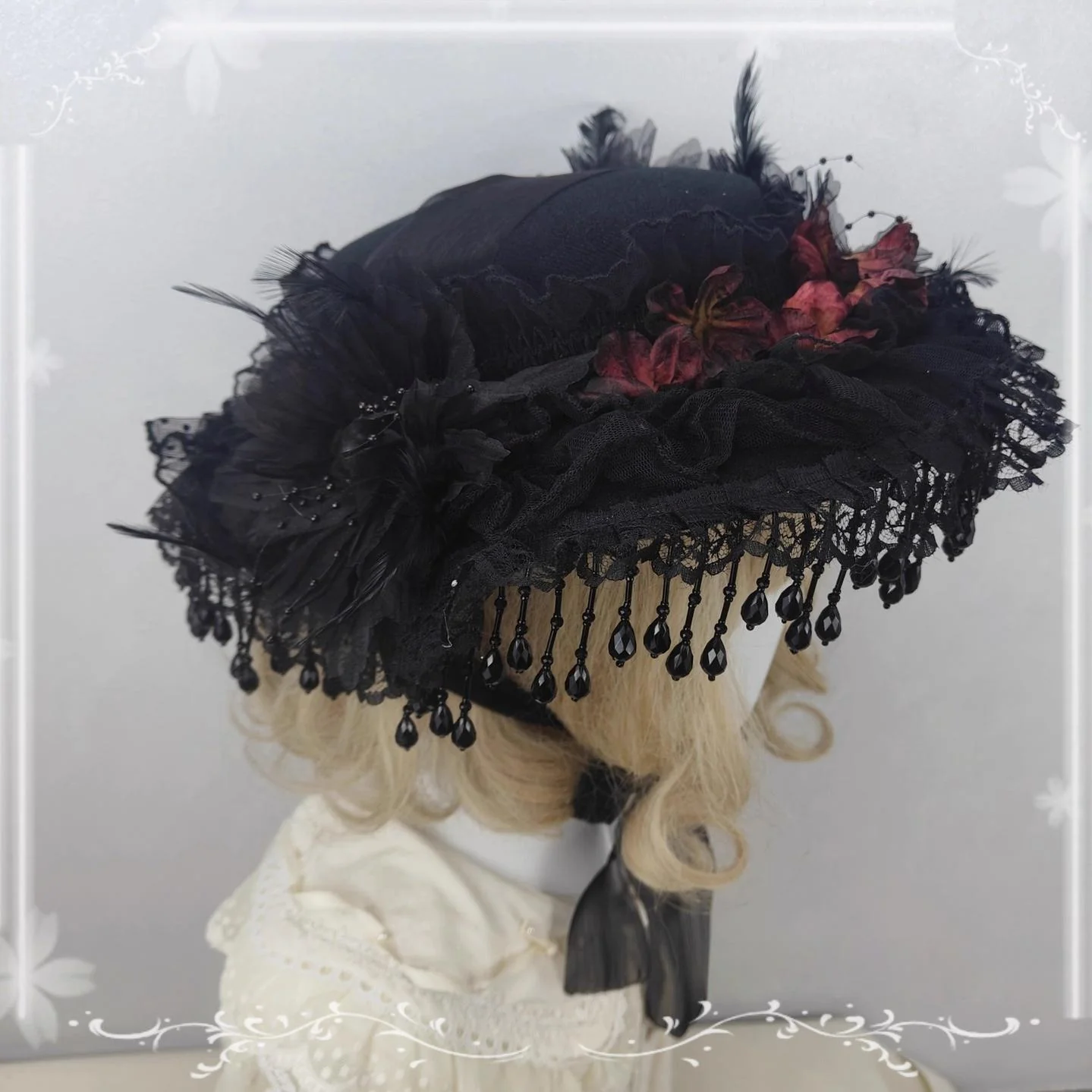 Gothic Lolita Flat Hat, With Ribbon Ties - Image 3