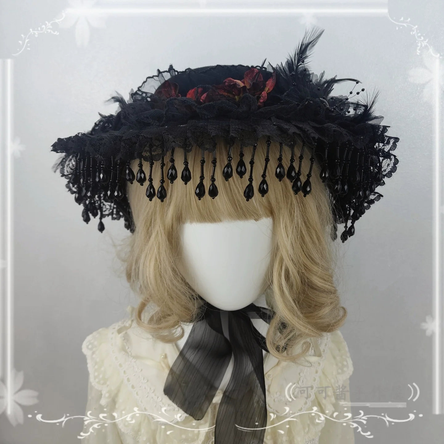 Gothic Lolita Flat Hat, With Ribbon Ties - Image 4