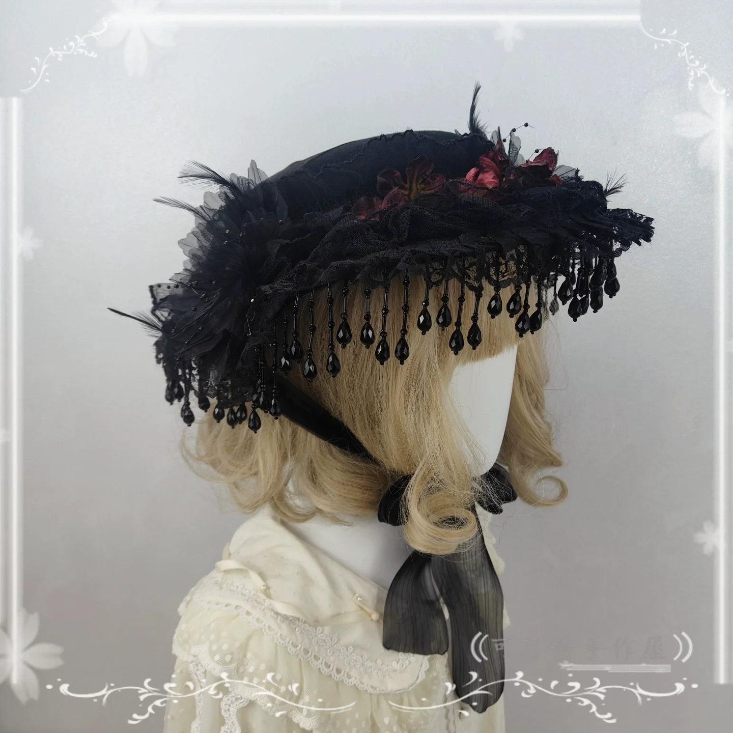 Gothic Lolita Flat Hat, With Ribbon Ties - Image 5