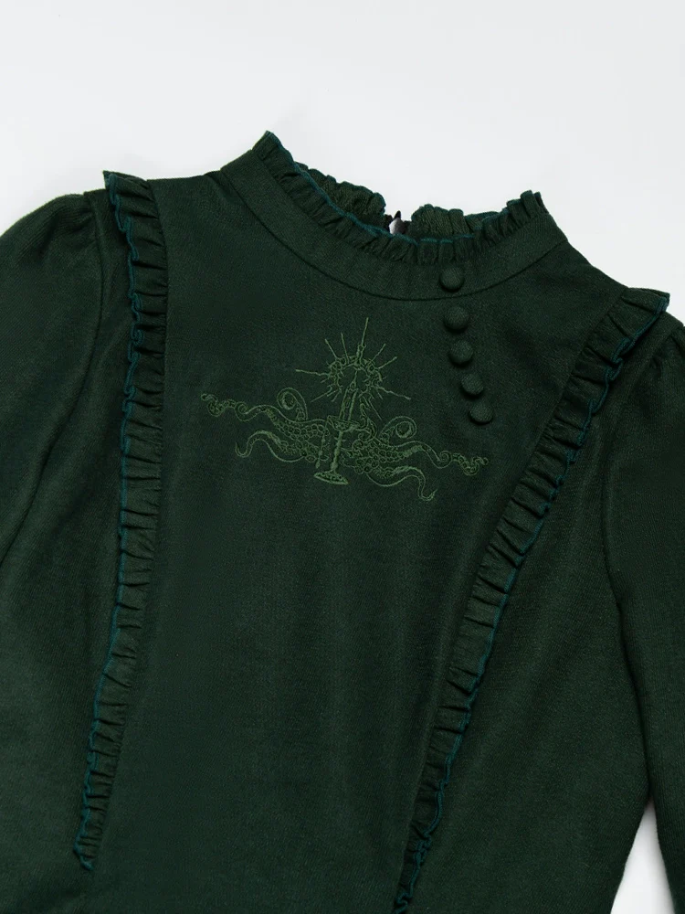 With PUJI - Letter and Poetry · Abyss Clinic - Gothic Lolita Green Dress Set - Image 11