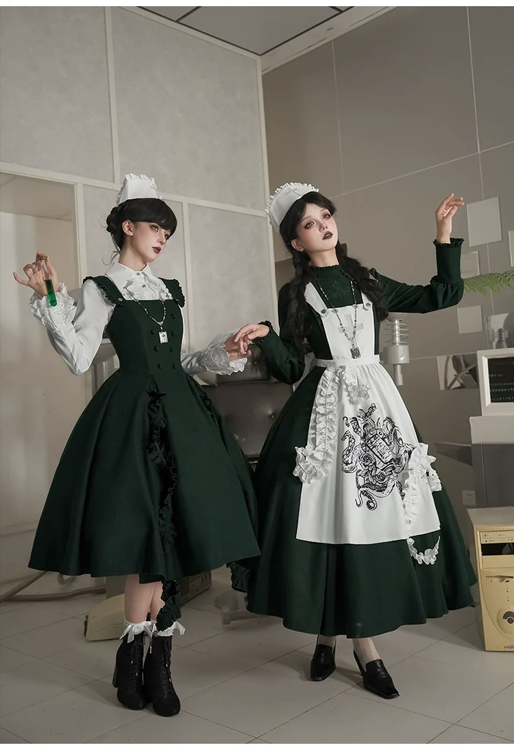 With PUJI - Letter and Poetry · Abyss Clinic - Gothic Lolita Green Dress Set - Image 14