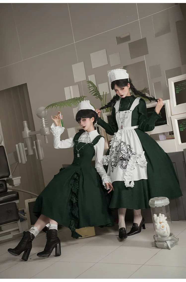 With PUJI - Letter and Poetry · Abyss Clinic - Gothic Lolita Green Dress Set - Image 16
