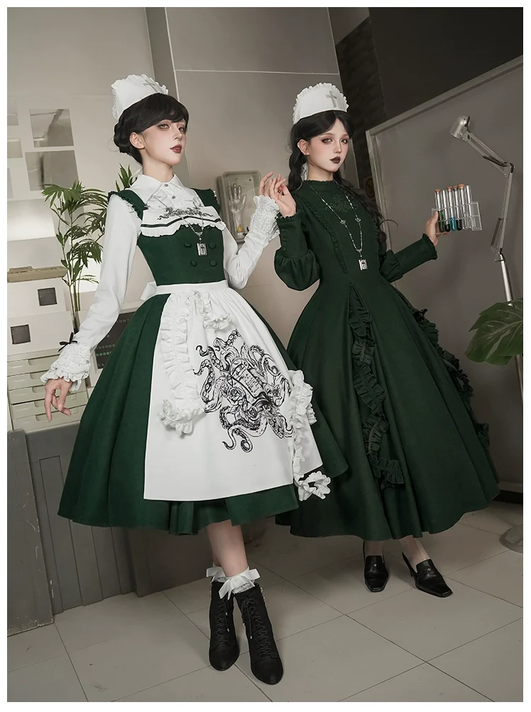 With PUJI - Letter and Poetry · Abyss Clinic - Gothic Lolita Green Dress Set - Image 17