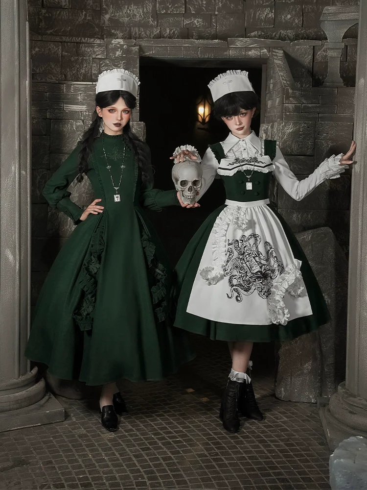 With PUJI - Letter and Poetry · Abyss Clinic - Gothic Lolita Green Dress Set - Image 18