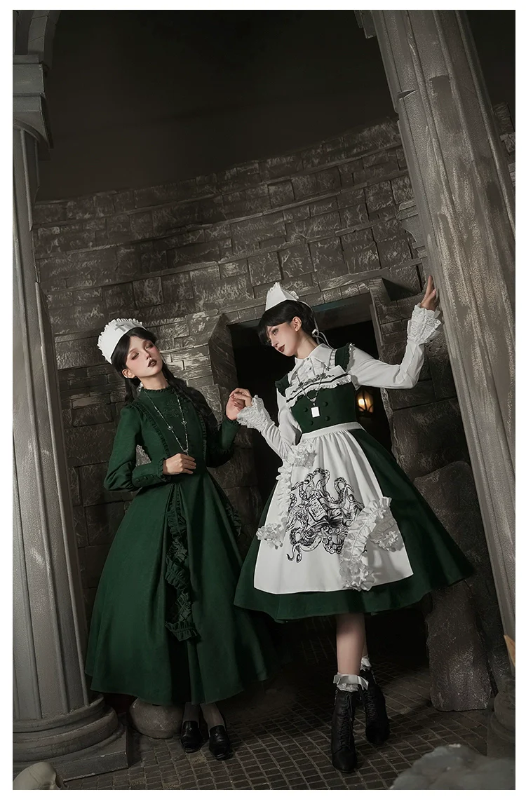 With PUJI - Letter and Poetry · Abyss Clinic - Gothic Lolita Green Dress Set - Image 19