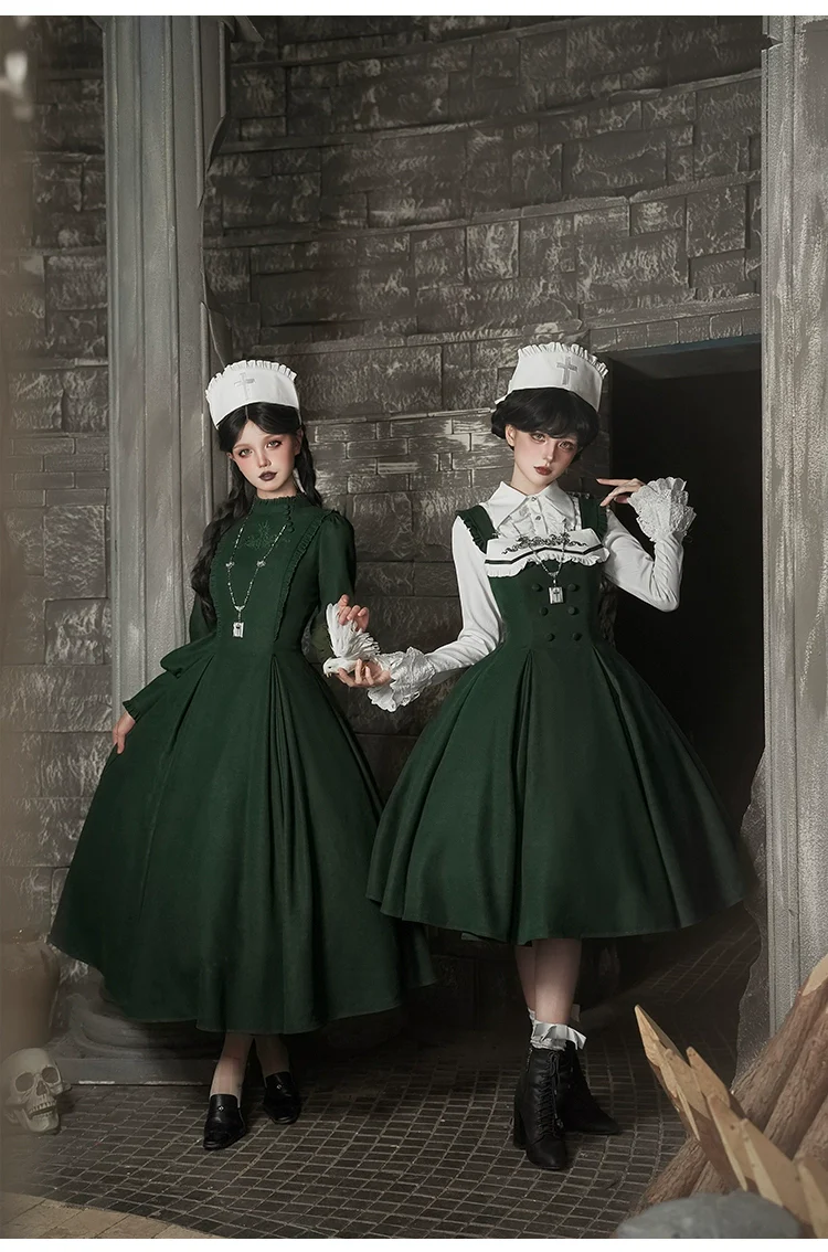 With PUJI - Letter and Poetry · Abyss Clinic - Gothic Lolita Green Dress Set - Image 22