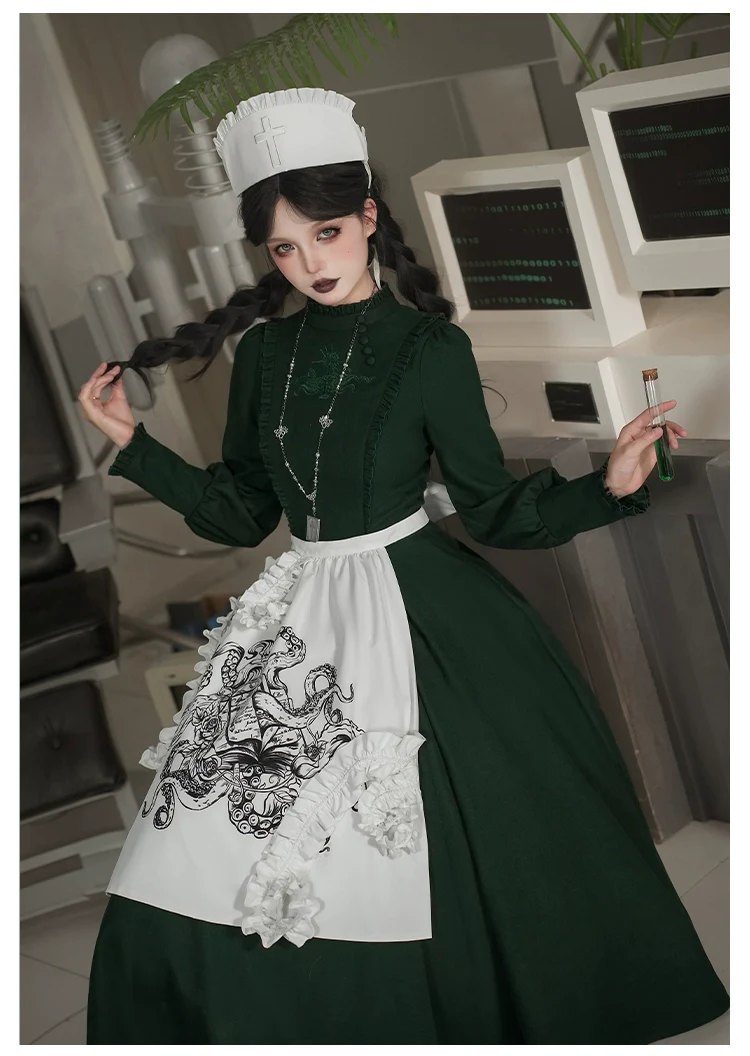 With PUJI - Letter and Poetry · Abyss Clinic - Gothic Lolita Green Dress Set - Image 23