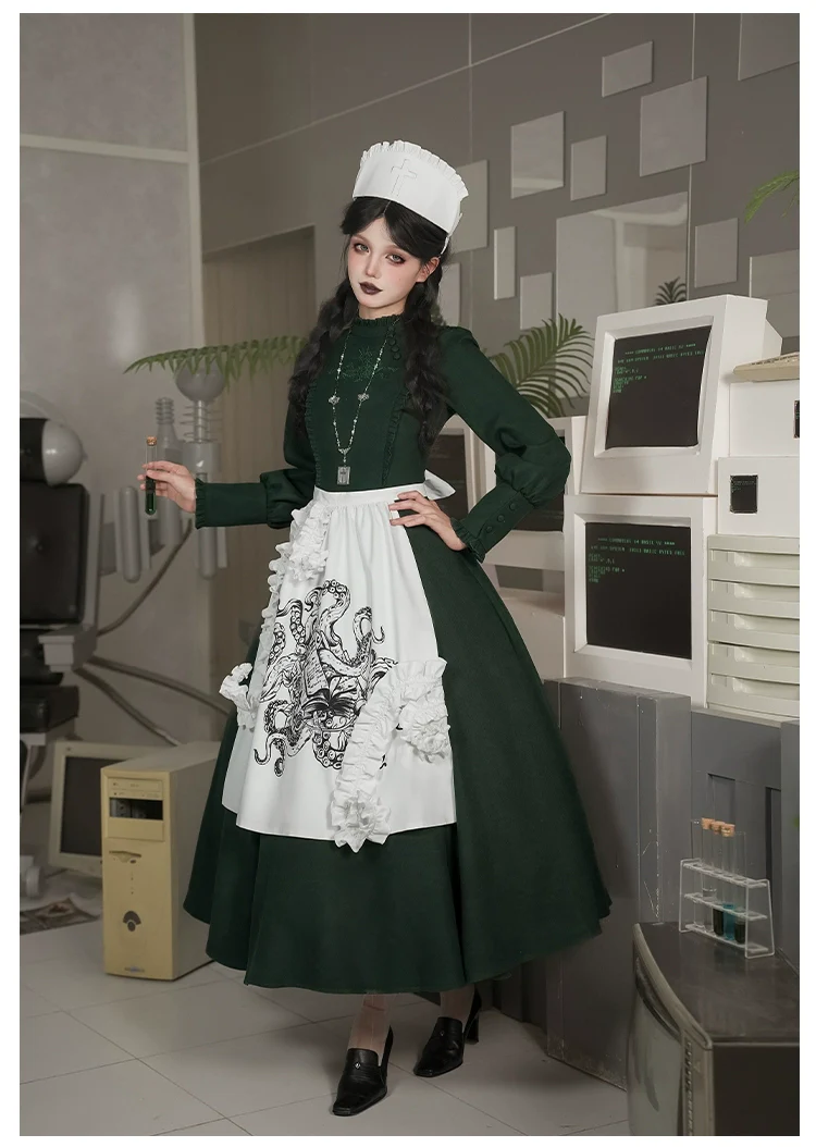 With PUJI - Letter and Poetry · Abyss Clinic - Gothic Lolita Green Dress Set - Image 25