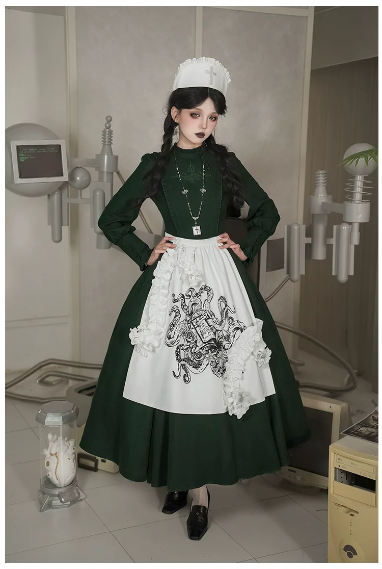 With PUJI - Letter and Poetry · Abyss Clinic - Gothic Lolita Green Dress Set - Image 26