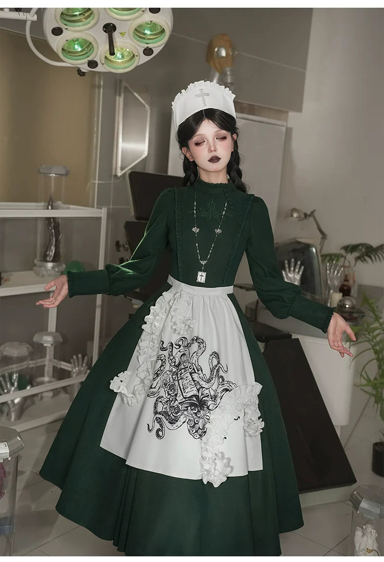 With PUJI - Letter and Poetry · Abyss Clinic - Gothic Lolita Green Dress Set - Image 27