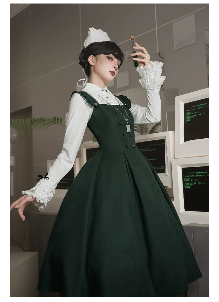 With PUJI - Letter and Poetry · Abyss Clinic - Gothic Lolita Green Dress Set - Image 31