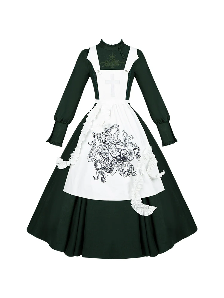 With PUJI - Letter and Poetry · Abyss Clinic - Gothic Lolita Green Dress Set - Image 36