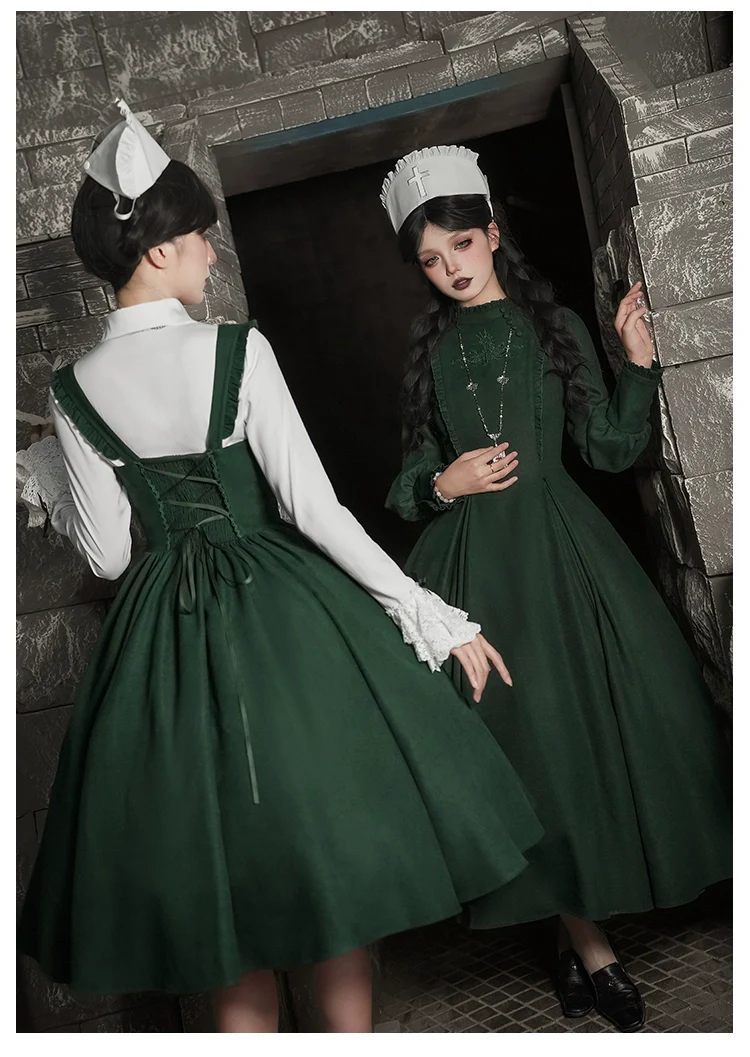 With PUJI - Letter and Poetry · Abyss Clinic - Gothic Lolita Green Dress Set - Image 4