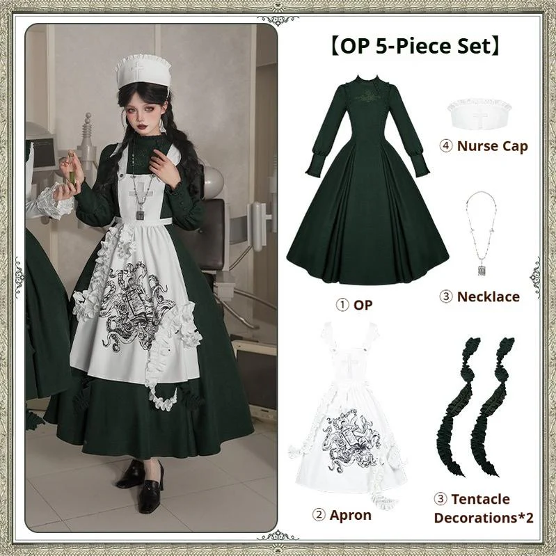 With PUJI - Letter and Poetry · Abyss Clinic - Gothic Lolita Green Dress Set - Image 5