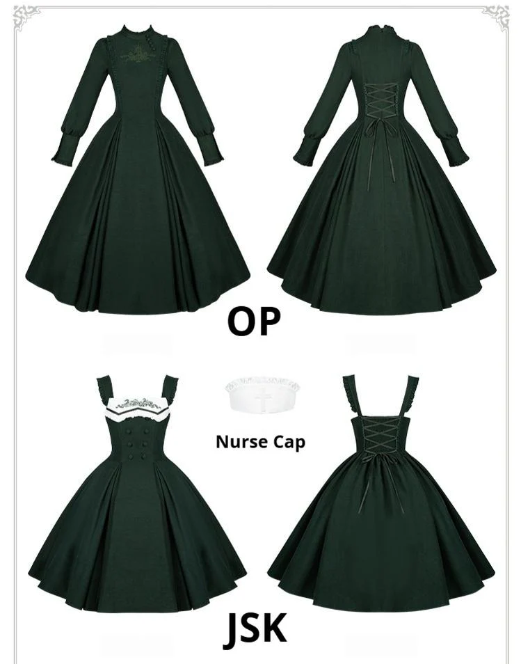 With PUJI - Letter and Poetry · Abyss Clinic - Gothic Lolita Green Dress Set - Image 7