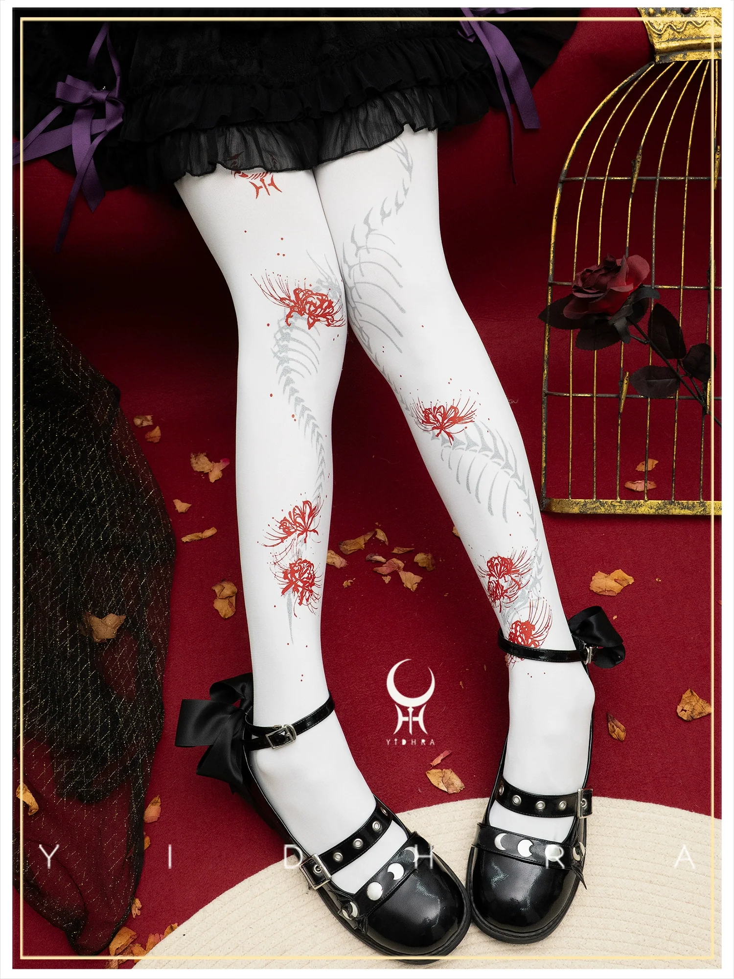Yidhra - Dragon Abyss - Halloween Gothic Lolita Pantyhose, Red Spider Lily Print - Image 6