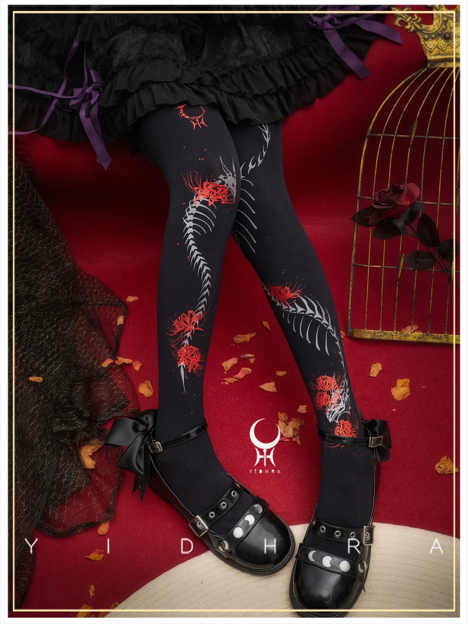 Yidhra - Dragon Abyss - Halloween Gothic Lolita Pantyhose, Red Spider Lily Print - Image 7