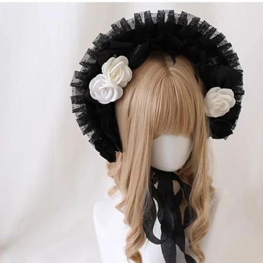 Xiaogui - Gothic Lolita Black Lace Flowers Bonnet - Image 2