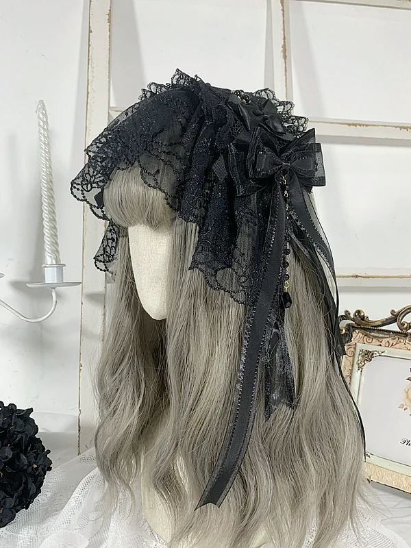 Sweet Jelly Lolita - Gothic Lolita Headband Black Bow Lace Hair Accessory - Image 3