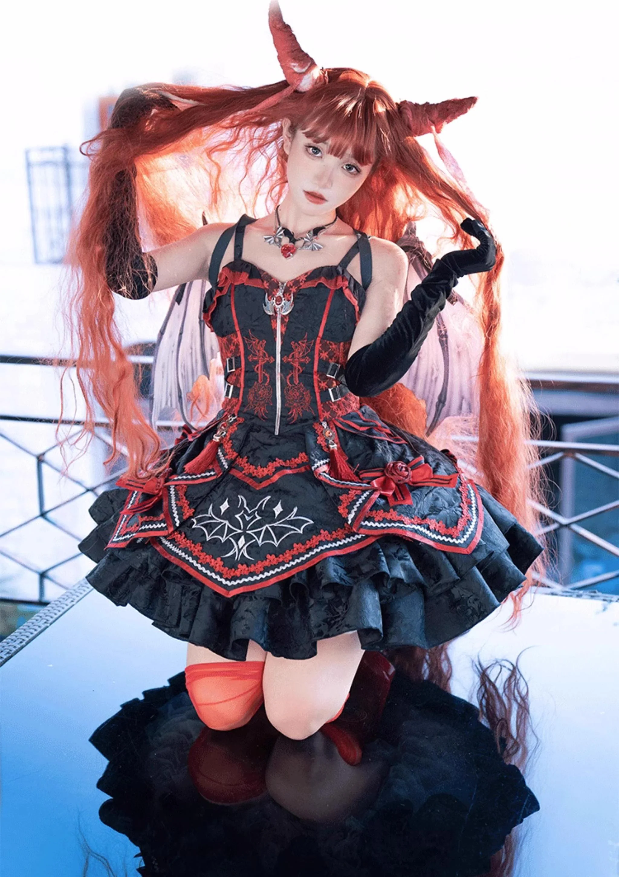 Dark Bat Motion - Gothic Lolita JSK Black Red Goth Jumper Dress - Image 7