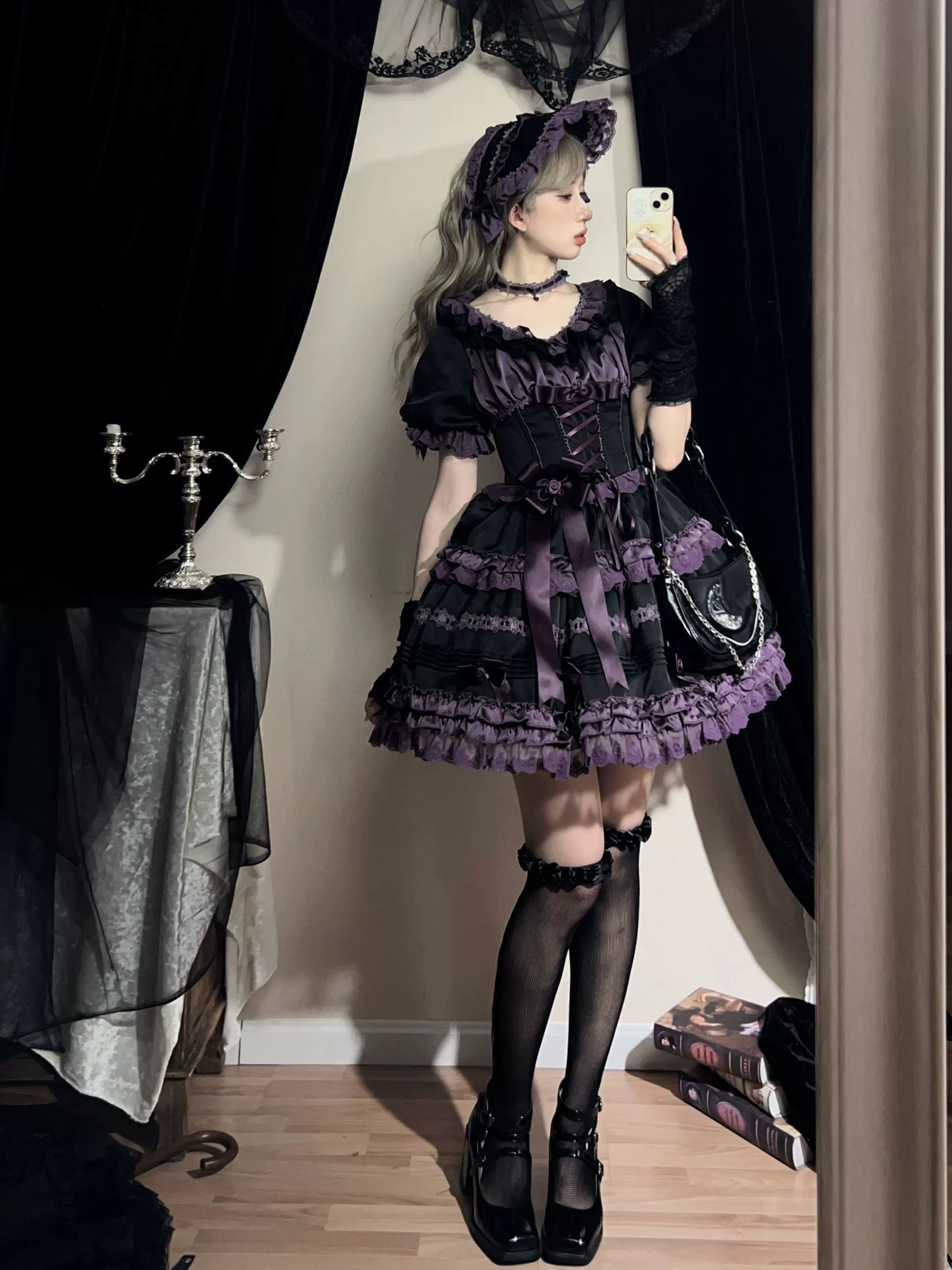 Stacked Black Currant - Gothic Lolita OP Dress, Detachable Skirt Hem - Image 12